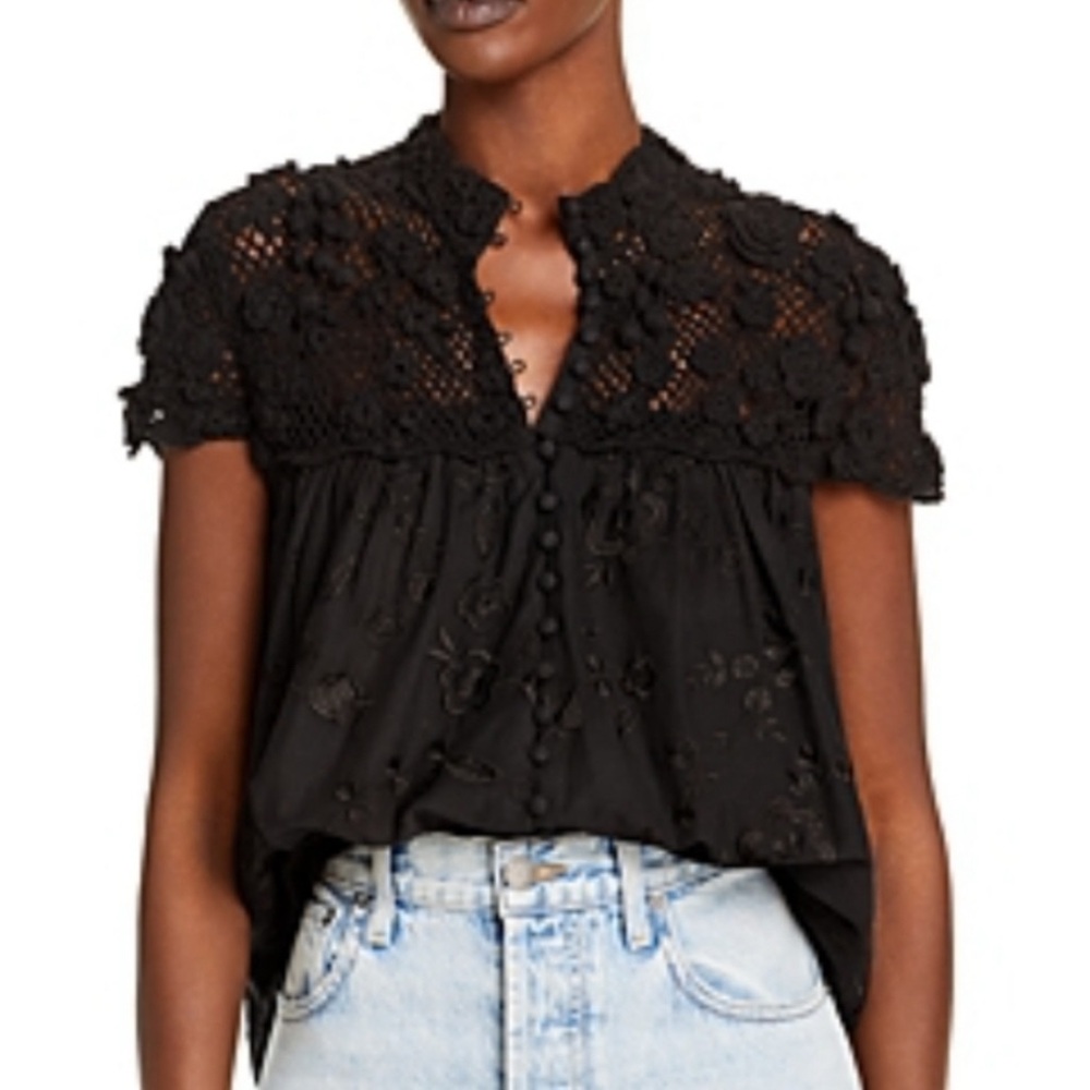 Alice + Olivia Ilaria Floral Crochet Lace Embroidered Blouse XS Black